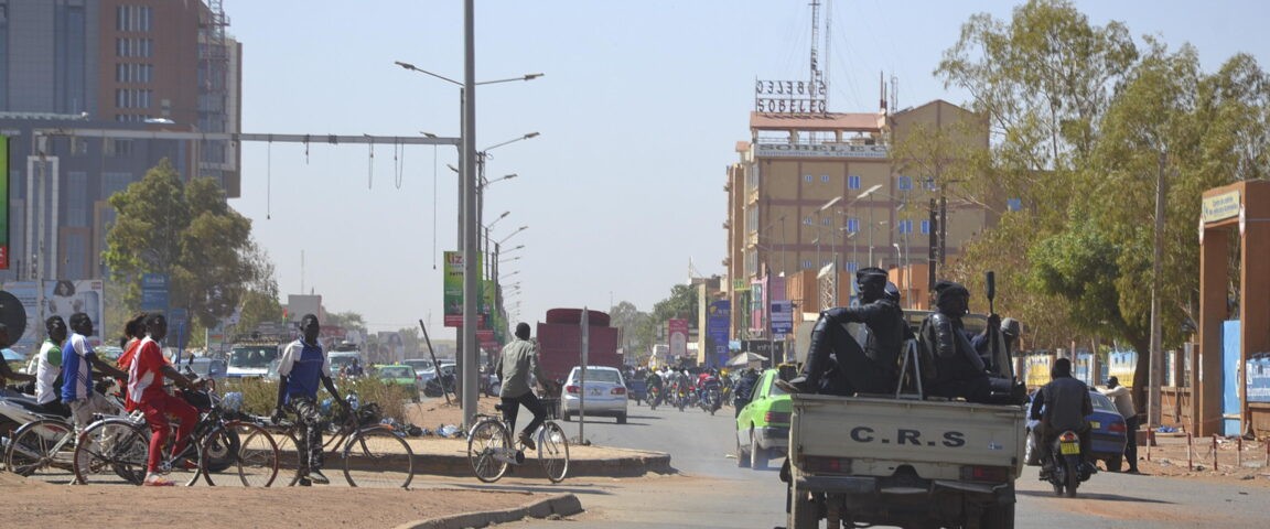 epa09706526 Police patrols quiet streets in Ouagadougou, Burkina Faso, 24 January 2022. Soldiers mutinied at several barracks overnight on 23 January. Civilian life continued as normal on 24 January after demonstrators clashed with police in support of the military on the previous day.  EPA/STR