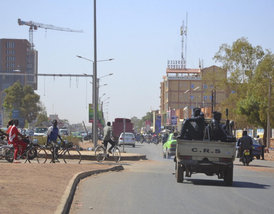 epa09706526 Police patrols quiet streets in Ouagadougou, Burkina Faso, 24 January 2022. Soldiers mutinied at several barracks overnight on 23 January. Civilian life continued as normal on 24 January after demonstrators clashed with police in support of the military on the previous day.  EPA/STR